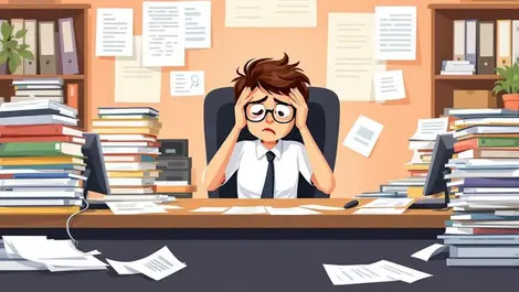 Overwhelmed office worker cluttered desk mismatched files paperwork stress