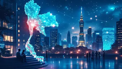 Thailand map digital data network glowing nodes modern office ai collaboration