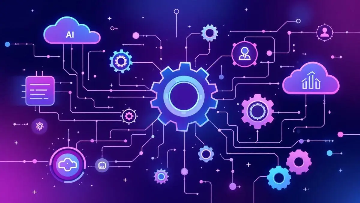 Interconnected gears circuit lines cloud icons workplace ai automation systems