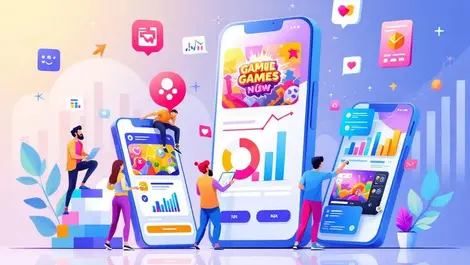 Mobile game developers analyzing vibrant game ads with charts