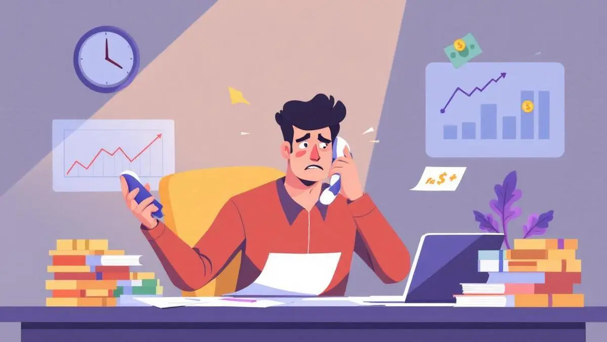 Stressed entrepreneur cluttered desk phone financial documents fast clock cash charts