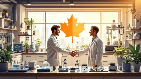 Young canadian researcher lab mentor green tech handshake scene