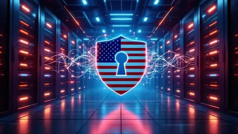 Secure us federal data center shield keyhole quantum waves flag