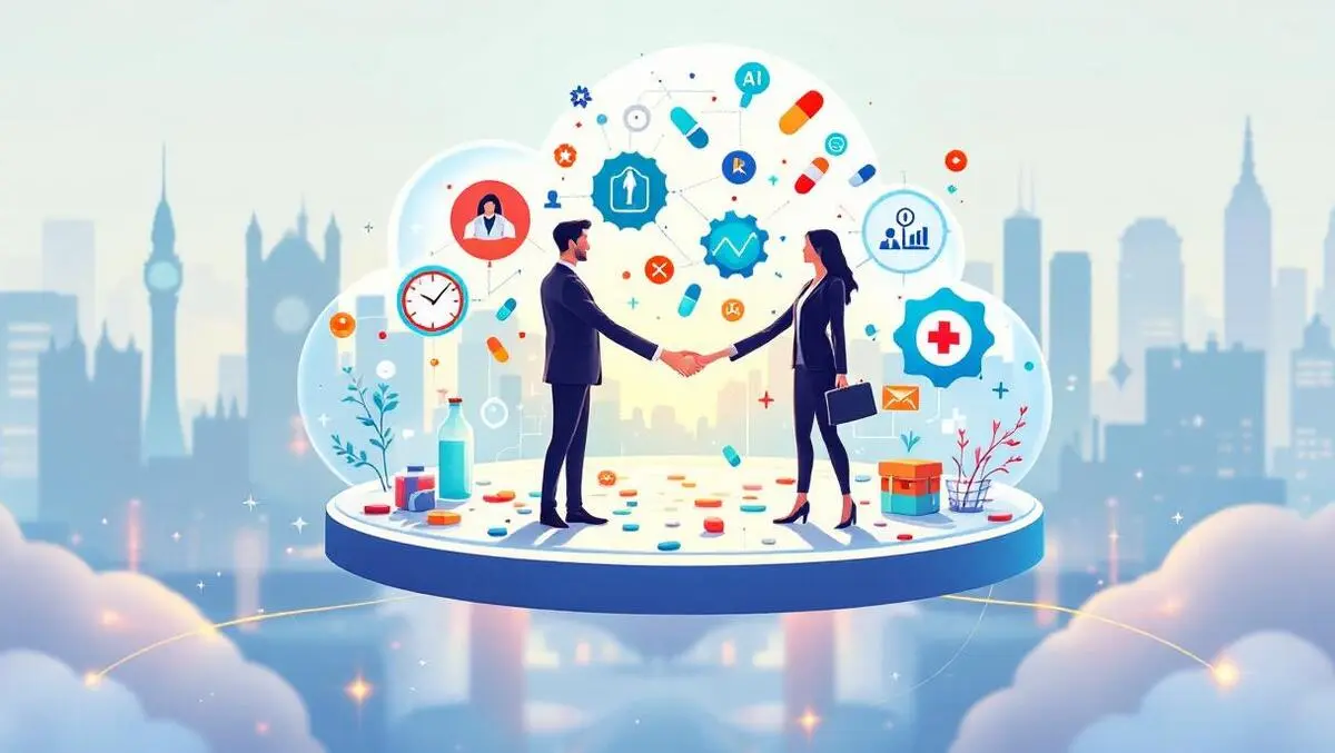 Ai cloud software drug trials teams handshake london skyline