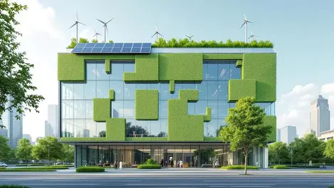Modern glass office with green facade solar rooftop wind turbines