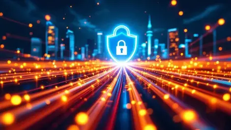 Quantum safe fiber optic network under asian city skyline night