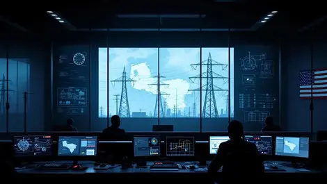 Moody control room venezuela power grid map usa flag reflection