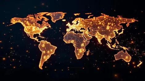 Glowing circuit world map digital economy currency symbols 2026