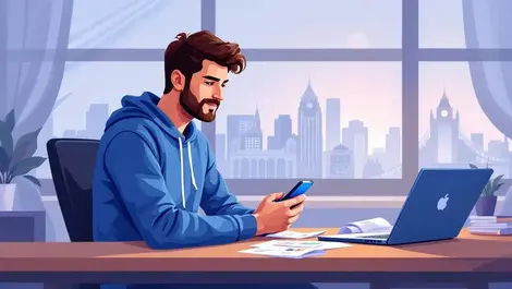 Uk sole trader at wooden desk smartphone laptop receipts skyline