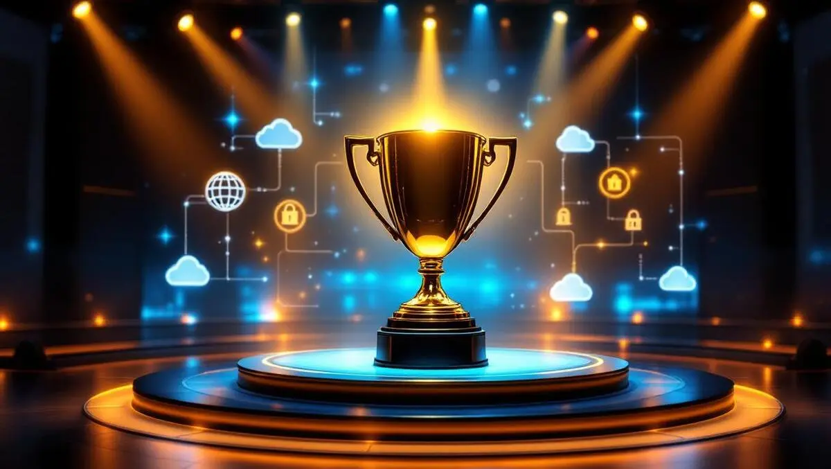 Corporate awards stage trophy network cables cloud security warm