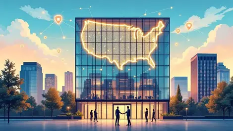 Atlanta glass office us map network cybersecurity business scene