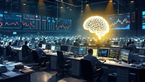 London stock exchange floor dim desks single bright ai ready workstation