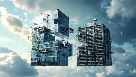 Fragmented corporate office puzzle segments fraying network cables