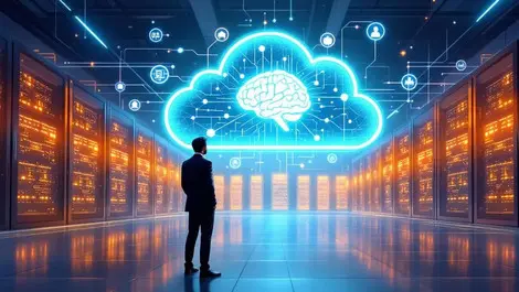 Modern corporate cloud datacenter ai brain pattern indian exec