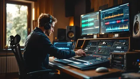 Audio engineer in modern anz control room with mixing console