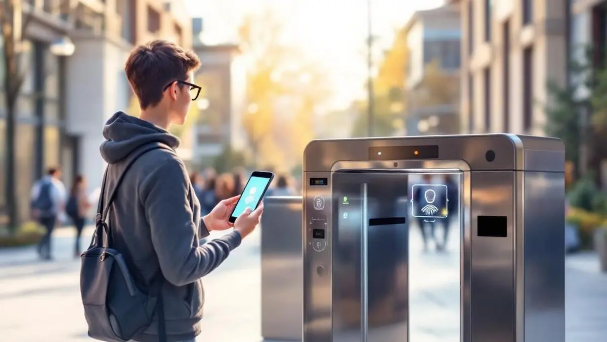 Modern university security turnstile biometric phone scan scene