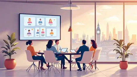 Uk office meeting hr it reviewing candidate skills london skyline