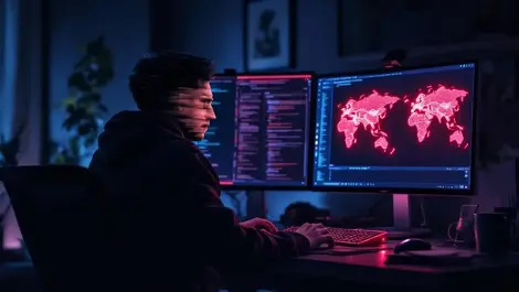 Moody remote night home office video call anonymized face north korea cyber map