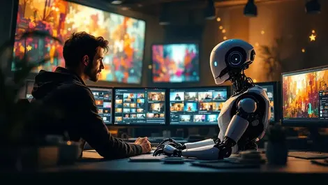 Human director ai robot editing suite abstract film screens laurels