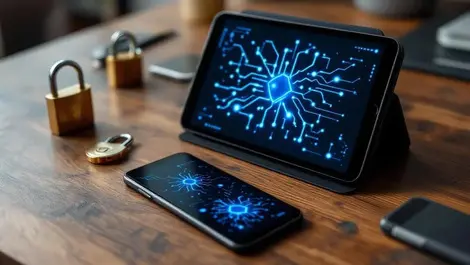Offline ai security smartphone tablet neural graphics on wooden desk