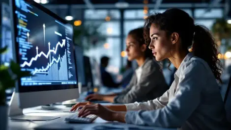 Women engineers coding with ai diagrams in modern office scene