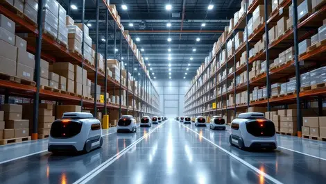Global logistics warehouse with autonomous robots and conveyors