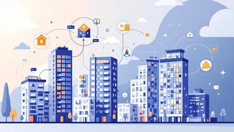 Interconnected apartment buildings renter network fintech icons