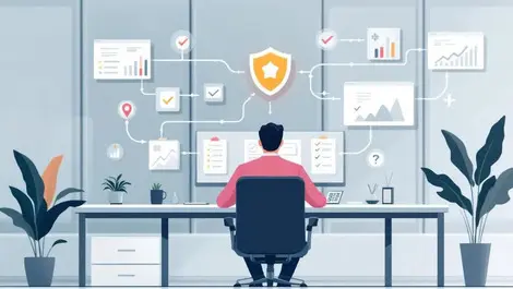 Modern office auditor with charts shield streamlined risk controls