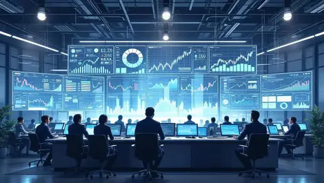 Modern trading floor ai agents overlay market charts data graphs