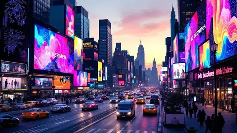 Busy us city street digital billboards ai circuits dusk scene