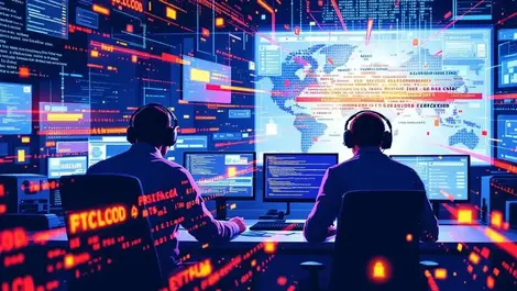 Tense security analyst digital attack alerts operations center modern illustration