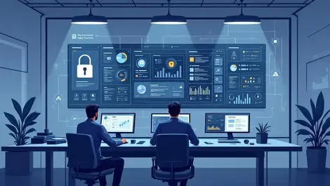 Calm security analyst operations room dashboard defense digital illustration